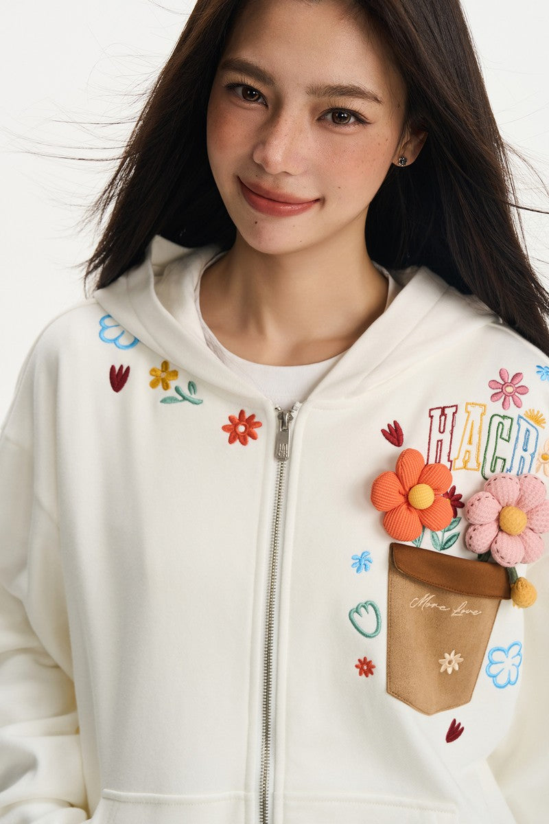 3D Floral Embroidered Zip Hoodie
