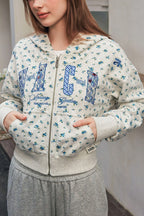Floral Embroidery Zip Up Hoodie