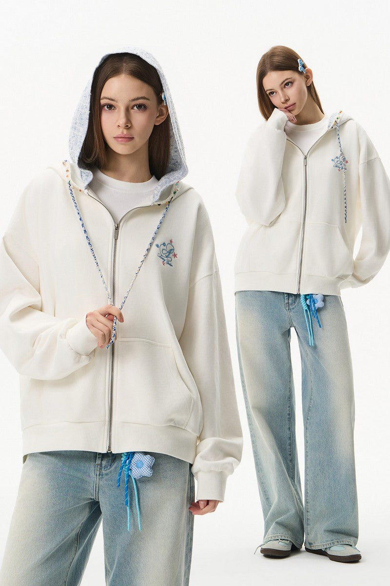 Double Hood Embroidered Zip Hoodie