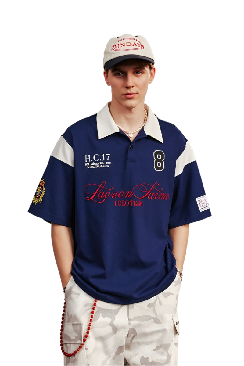 Retro Colorblock Embroidered Polo