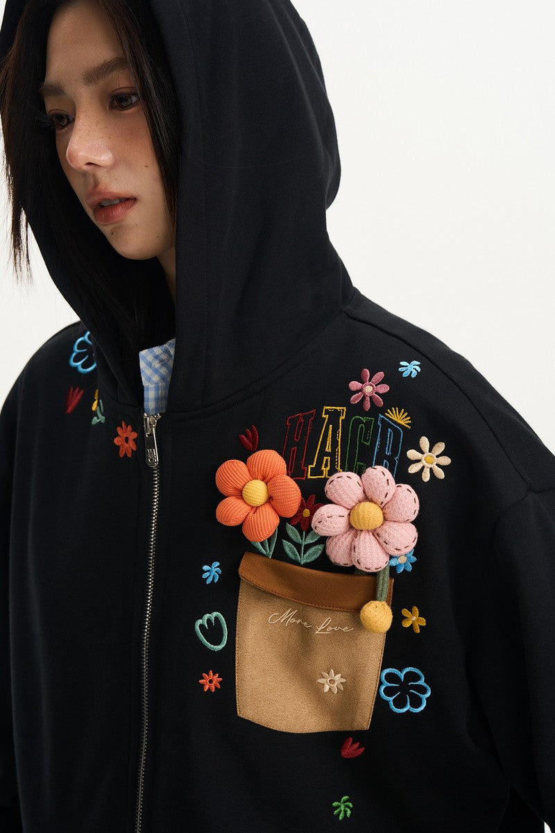 3D Floral Embroidered Zip Hoodie