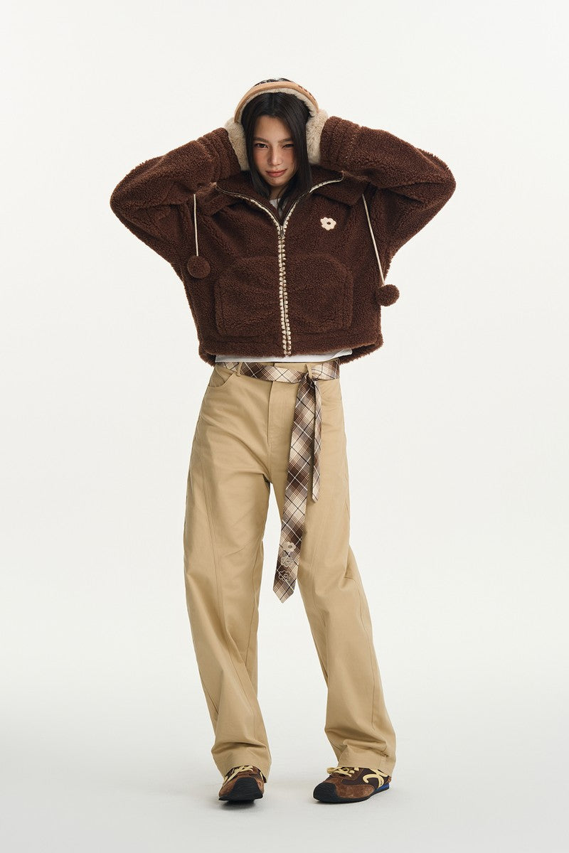 Embroidered Fleece Stand Collar Jacket