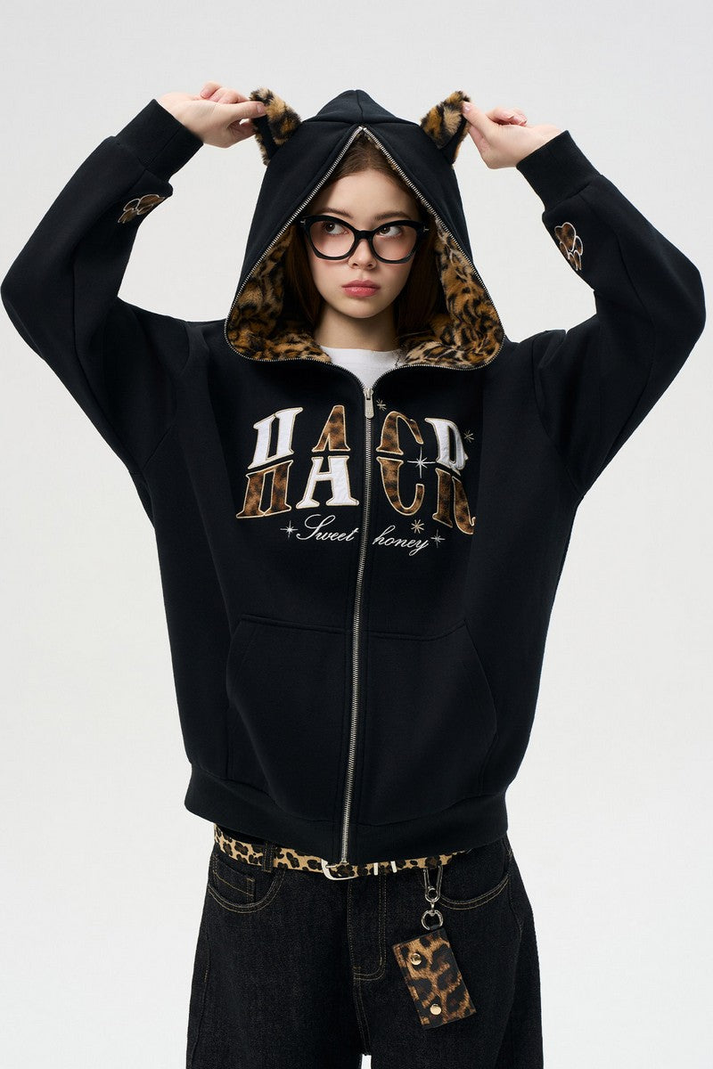 Leopard Cat Ear Zip Hoodie