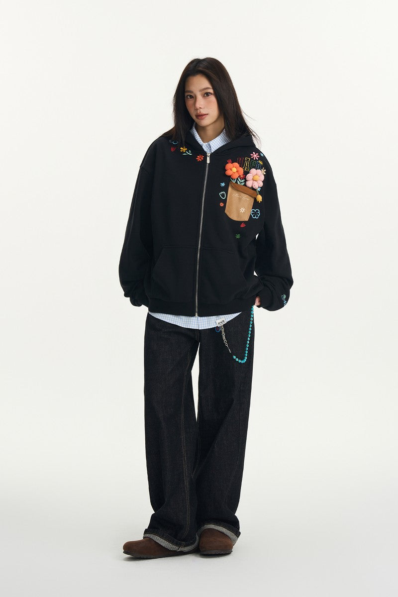 3D Floral Embroidered Zip Hoodie