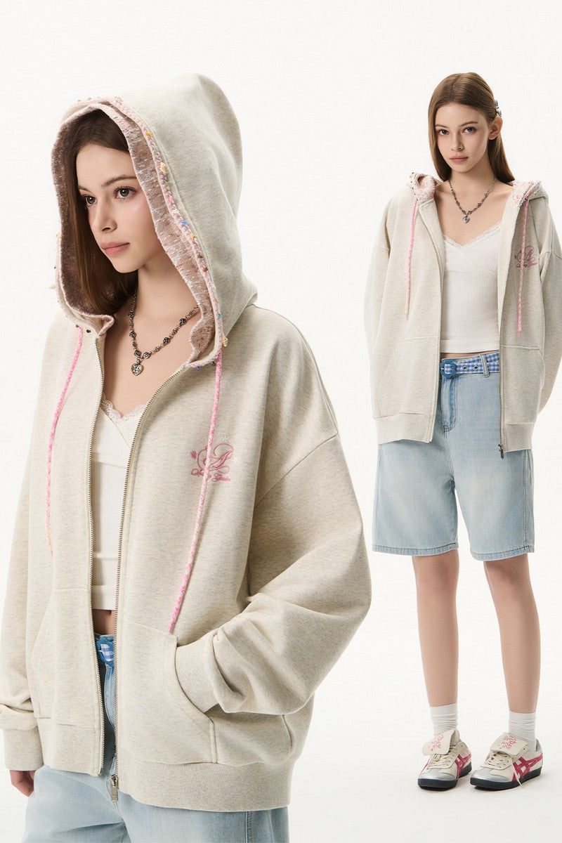 Double Hood Embroidered Zip Hoodie
