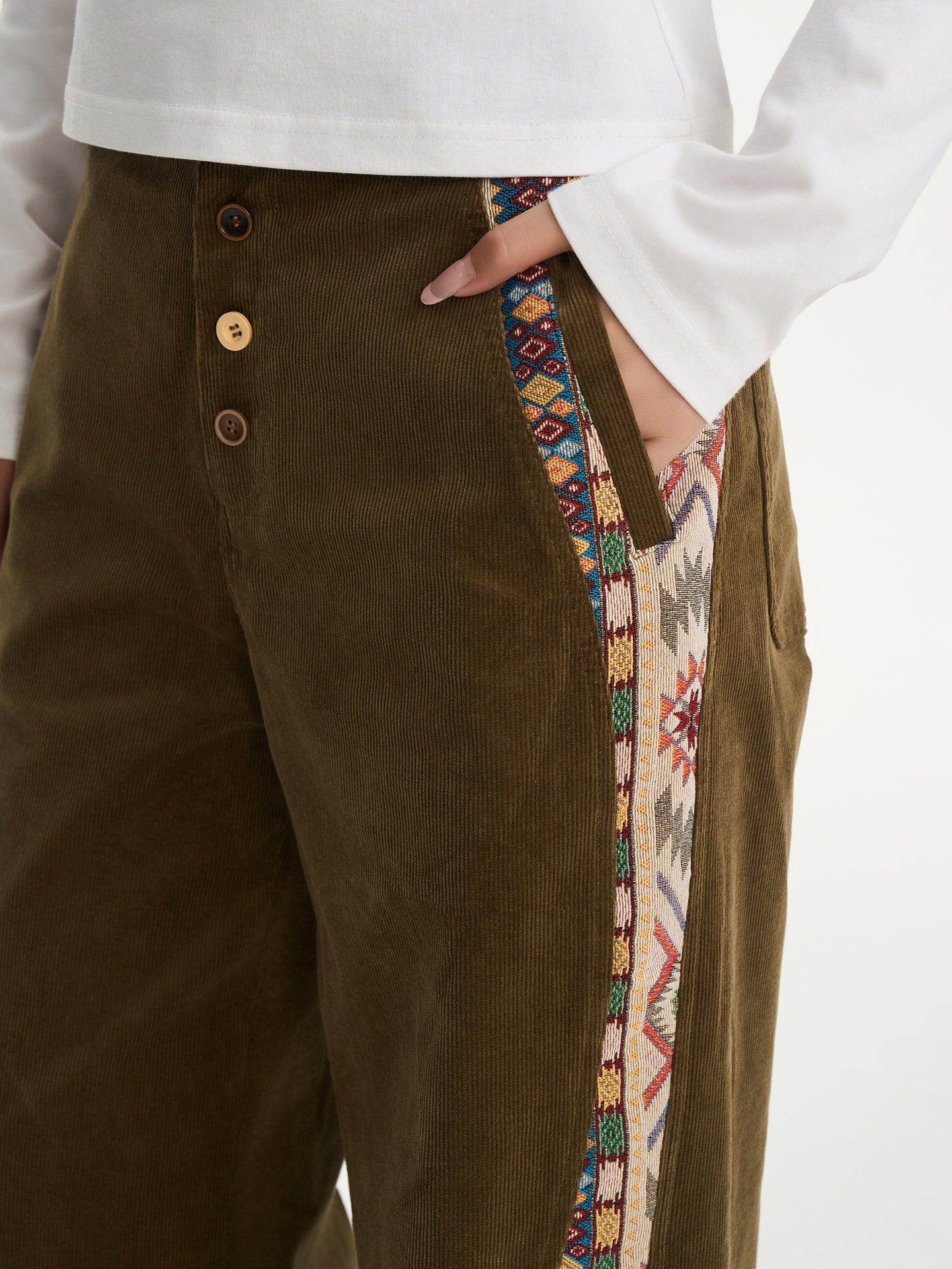 Corduroy Patchwork Button Pants