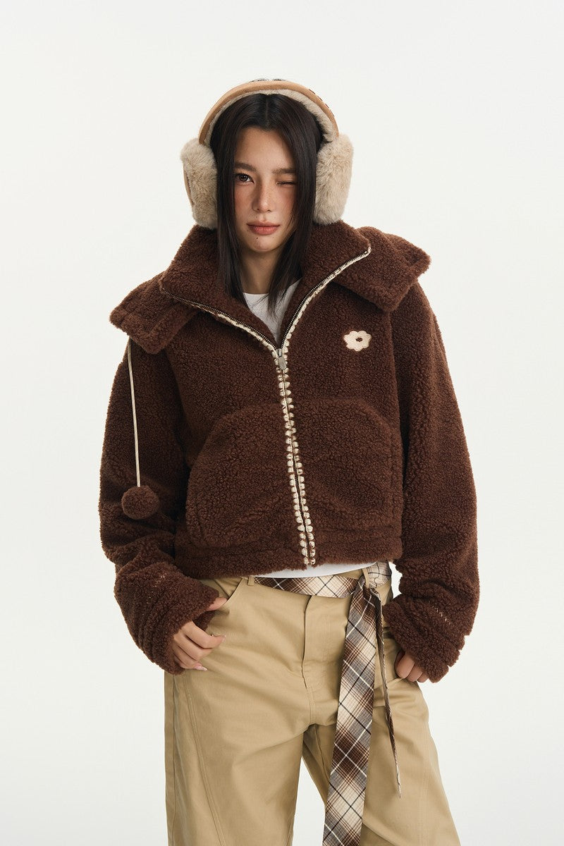 Embroidered Fleece Stand Collar Jacket