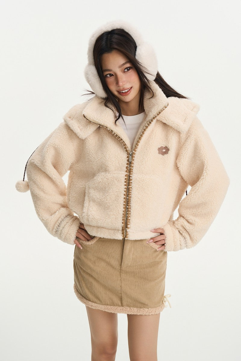 Embroidered Fleece Stand Collar Jacket