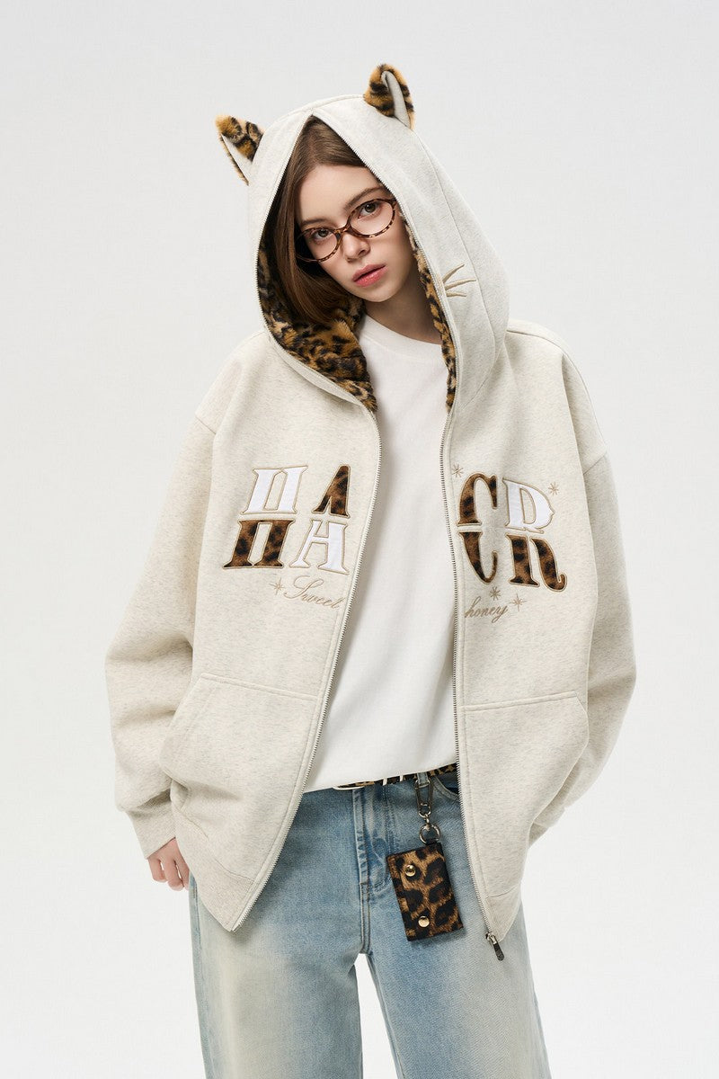Leopard Cat Ear Zip Hoodie