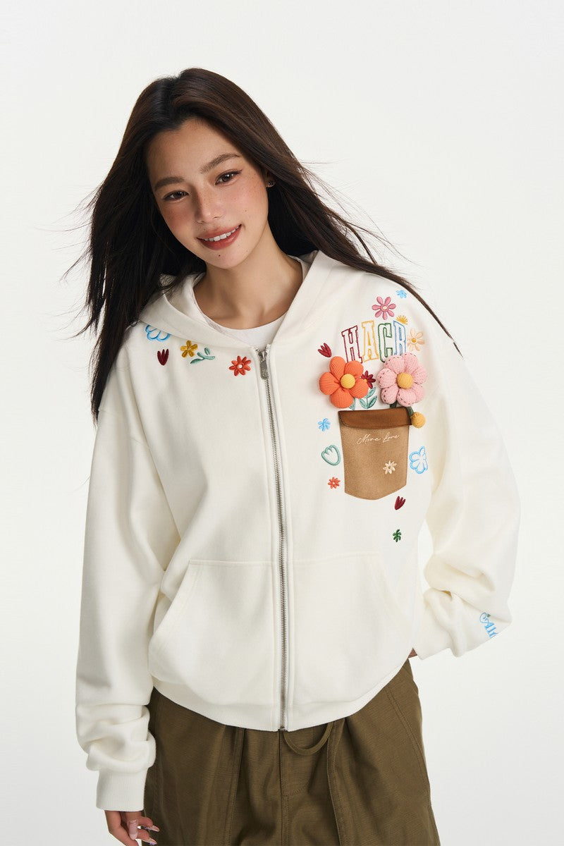3D Floral Embroidered Zip Hoodie