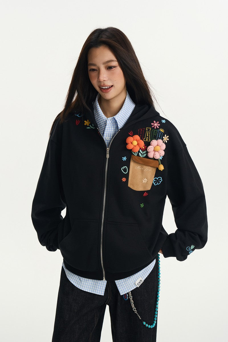 3D Floral Embroidered Zip Hoodie