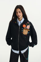 3D Floral Embroidered Zip Hoodie