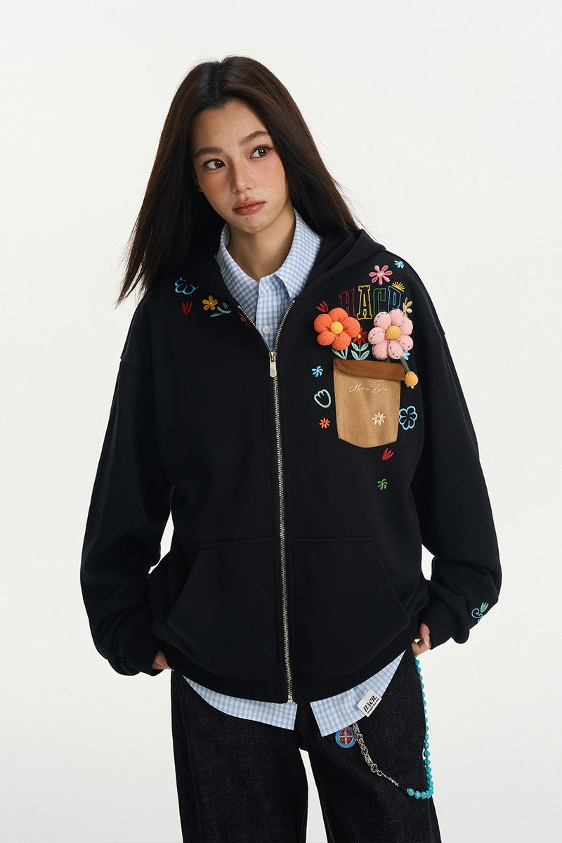 3D Floral Embroidered Zip Hoodie