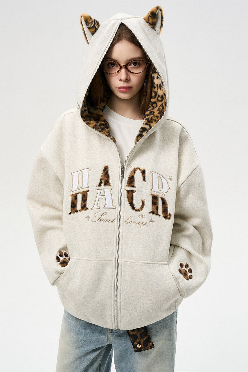 Leopard Cat Ear Zip Hoodie