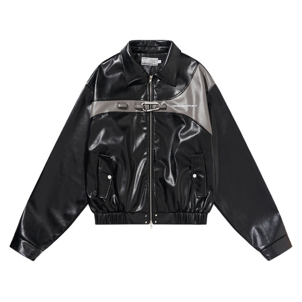 Metal Buckle Zip-Up Leather Jacket