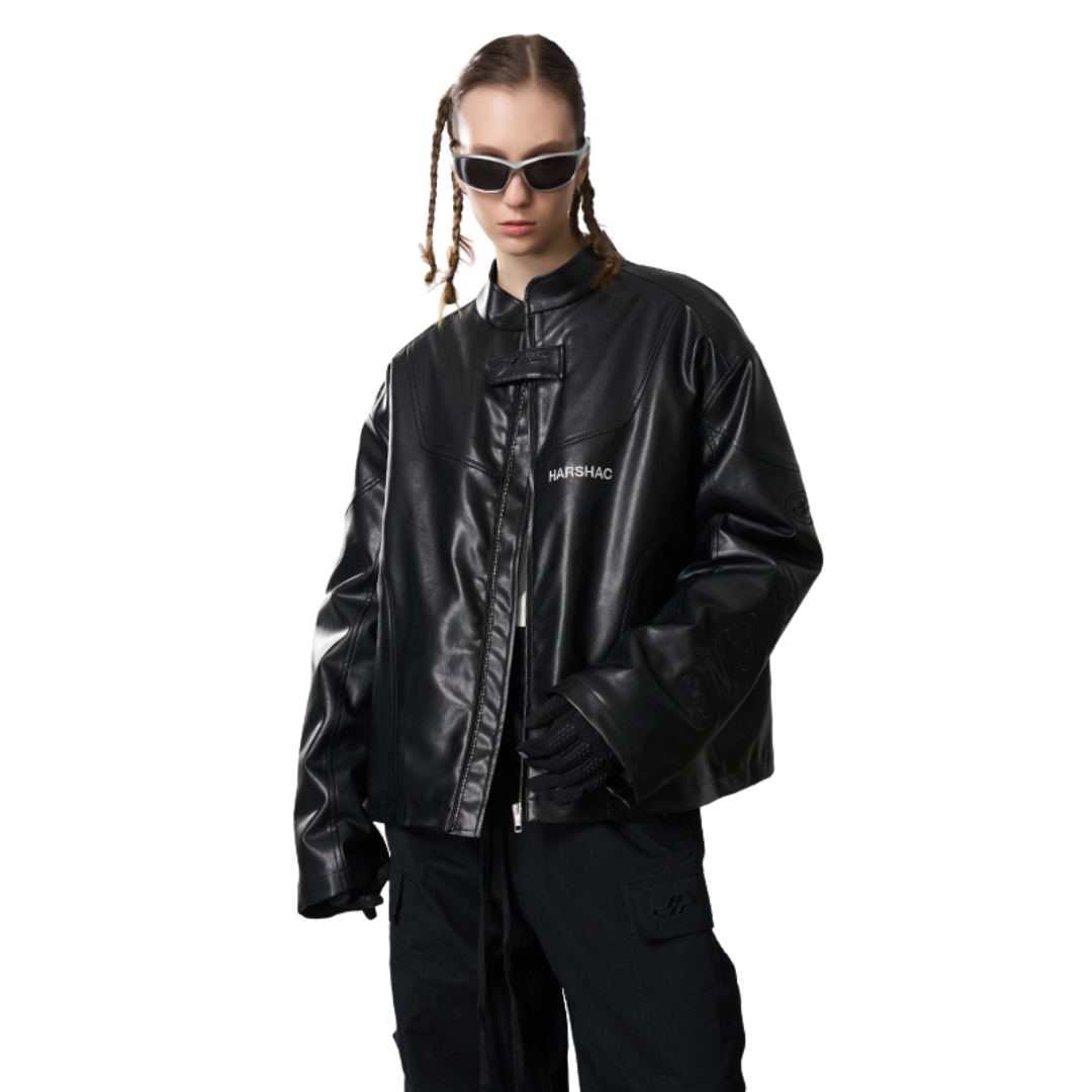 Deconstructed Stitching Embroidered Leather Jacket