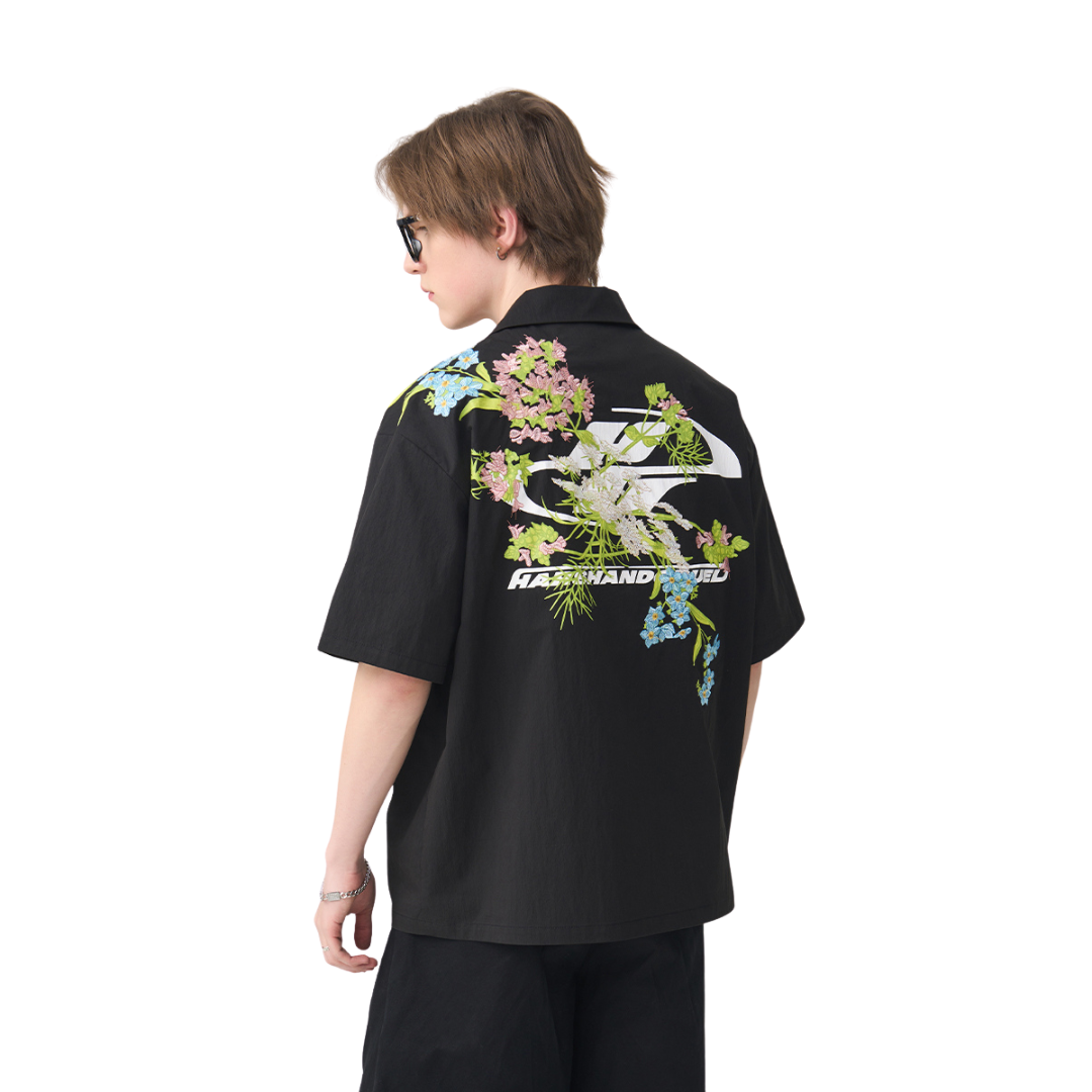 Floral Embroidery Knots Cuban Shirt