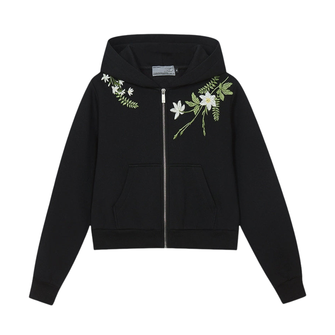 Floral Embroidery Crop Zip Hoodie