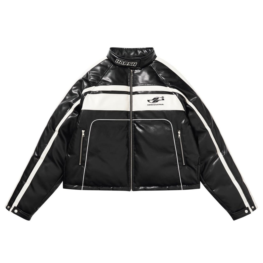 Deconstructed Stitched Racing Leather Down Jacket
