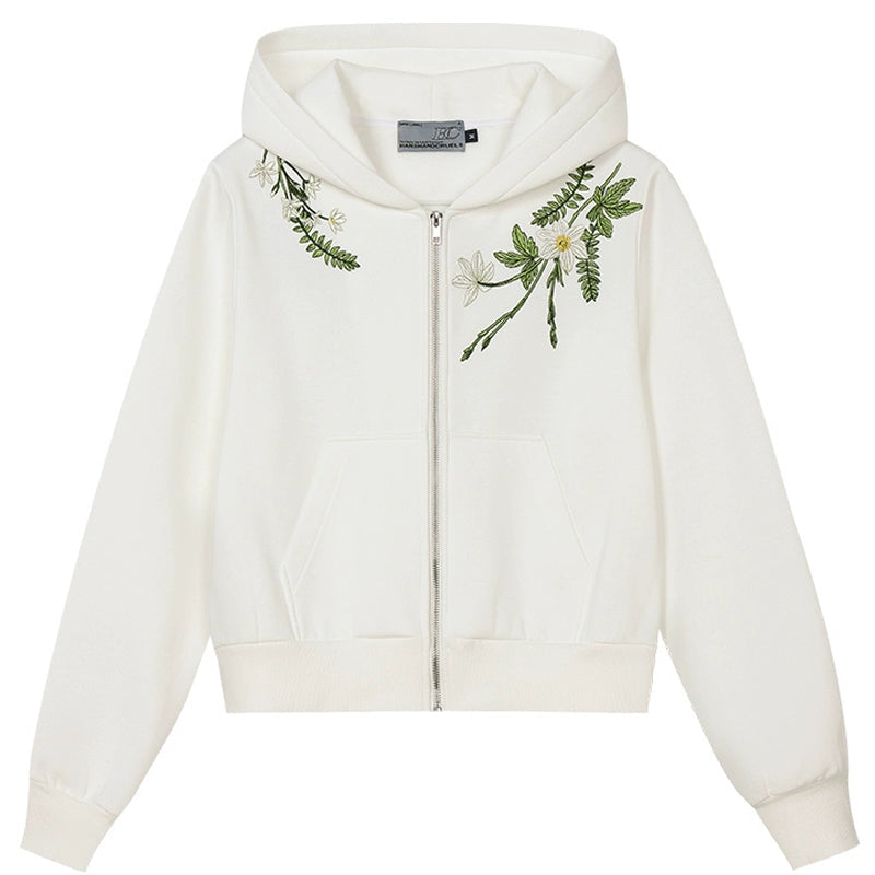 Floral Embroidery Crop Zip Hoodie
