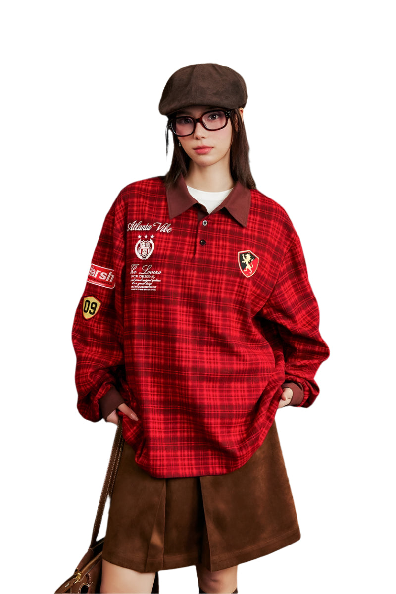 Brushed Plaid Embroidered Polo Shirt