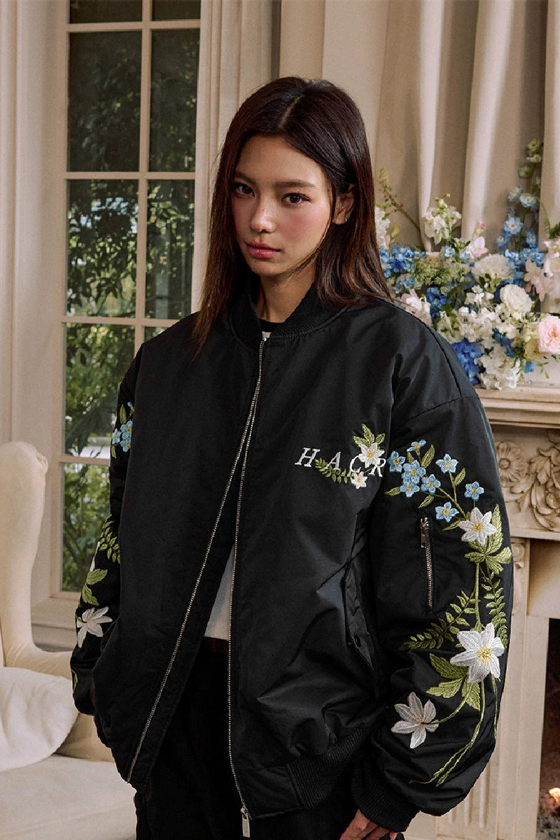 Black Bomber Bomber Jacket With Roses Floral Embroidered Bomber