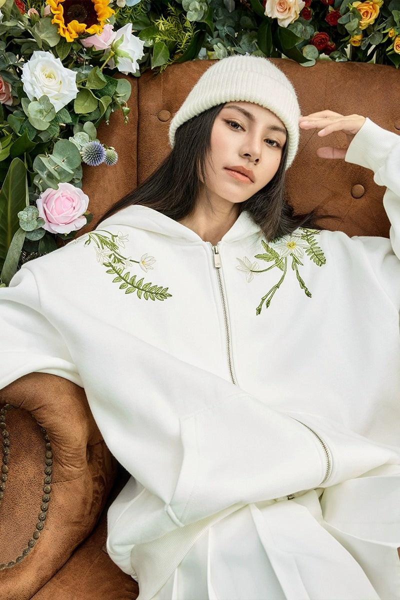 Floral Embroidered Fleece Zip Up Hoodie – Harsh and Cruel