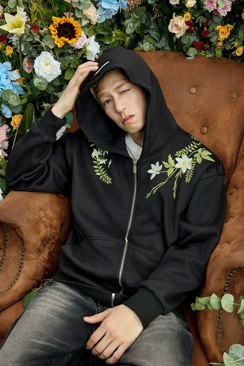 Floral Embroidered Fleece Zip Up Hoodie