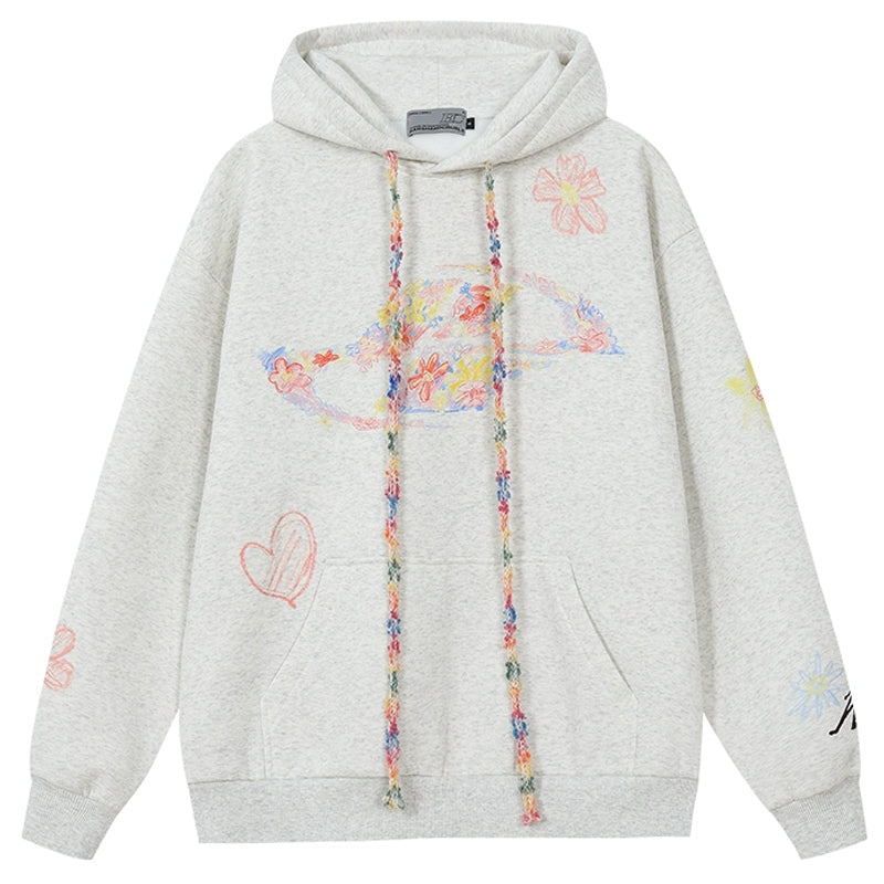 Cute Drawstring Hand-Drawn Hoodie