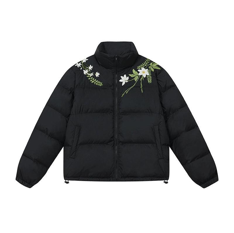 White Floral Wreath Embroidered Puffer