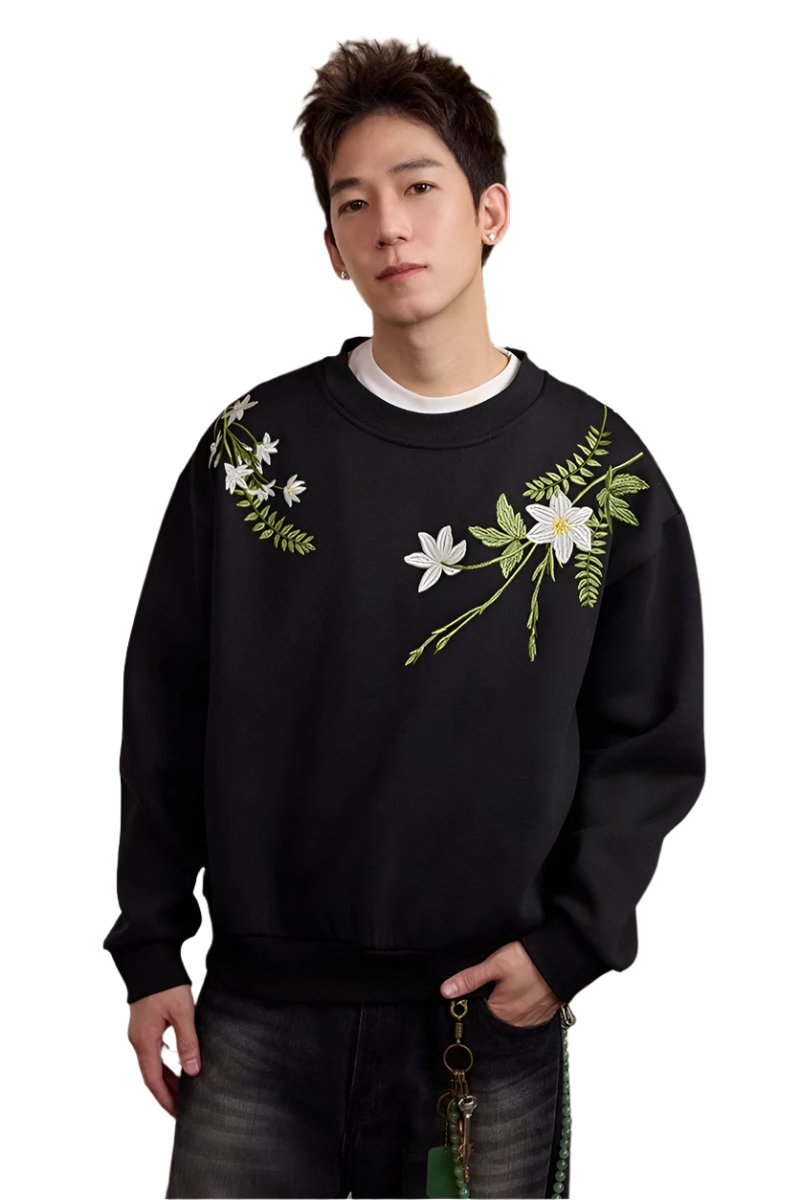 Floral Embroidery Fleece Crewneck Sweatshirt – Harsh and Cruel
