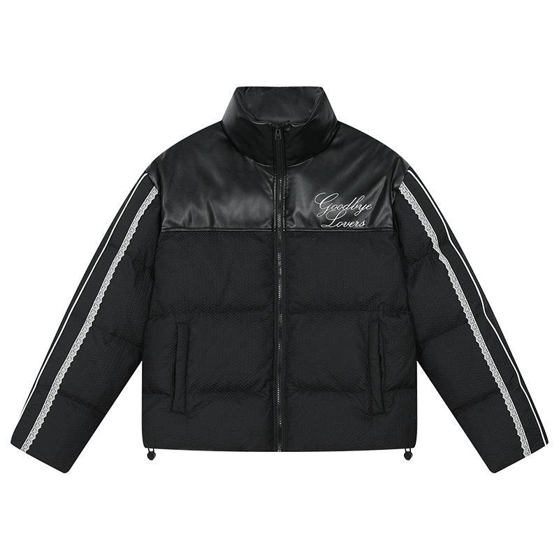 Retro PU Lace Panel Short Puffer