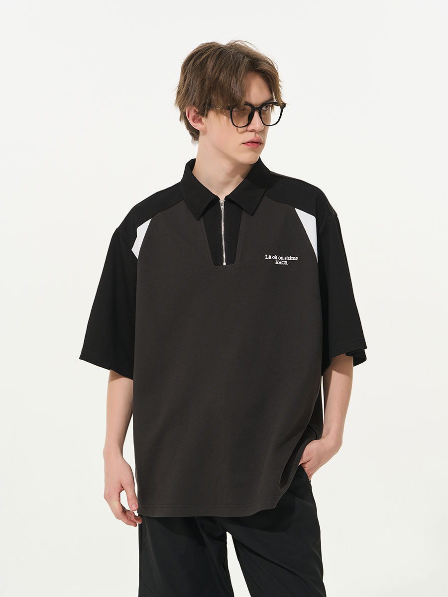 Patchwork Zipper Polo Shirt