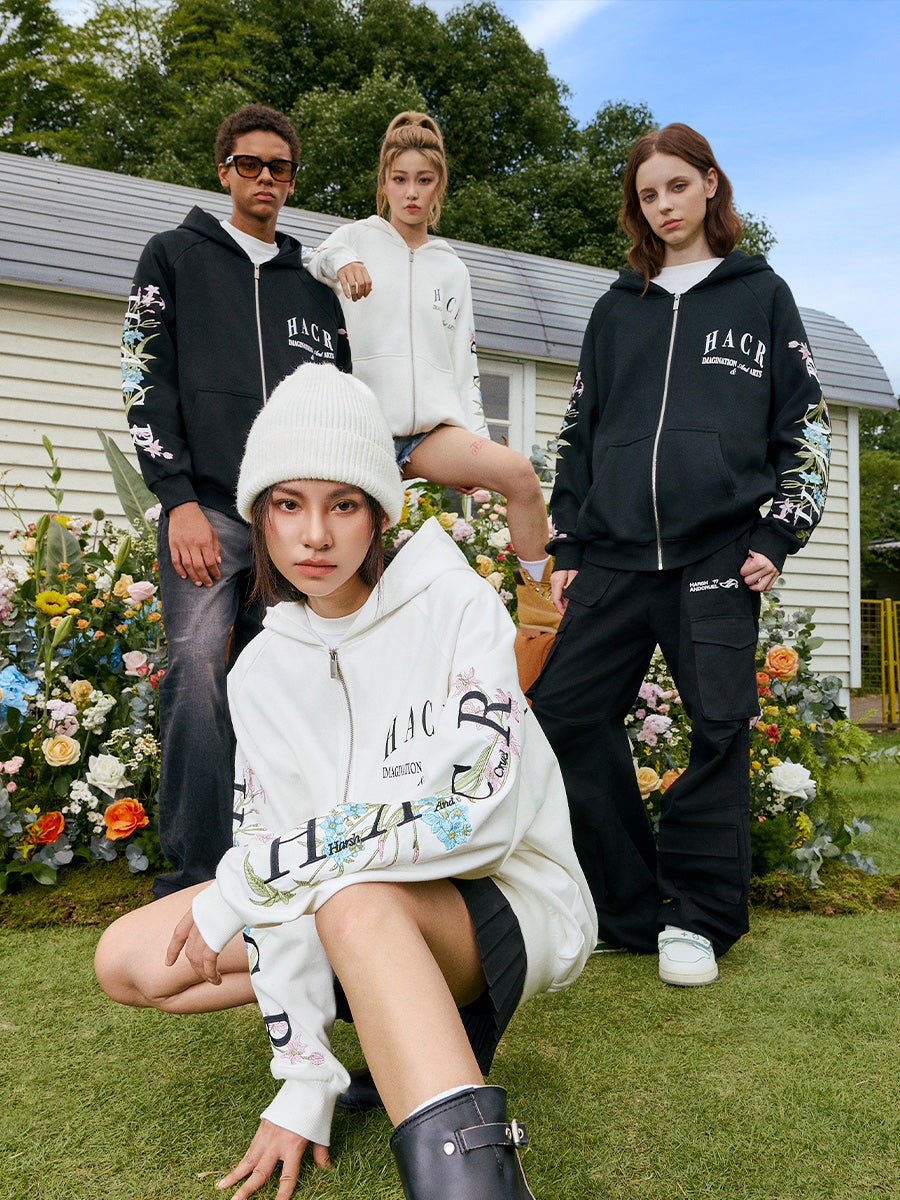 Floral Logo Sleeve Embroidered Zip Up Hoodie – Harsh and Cruel