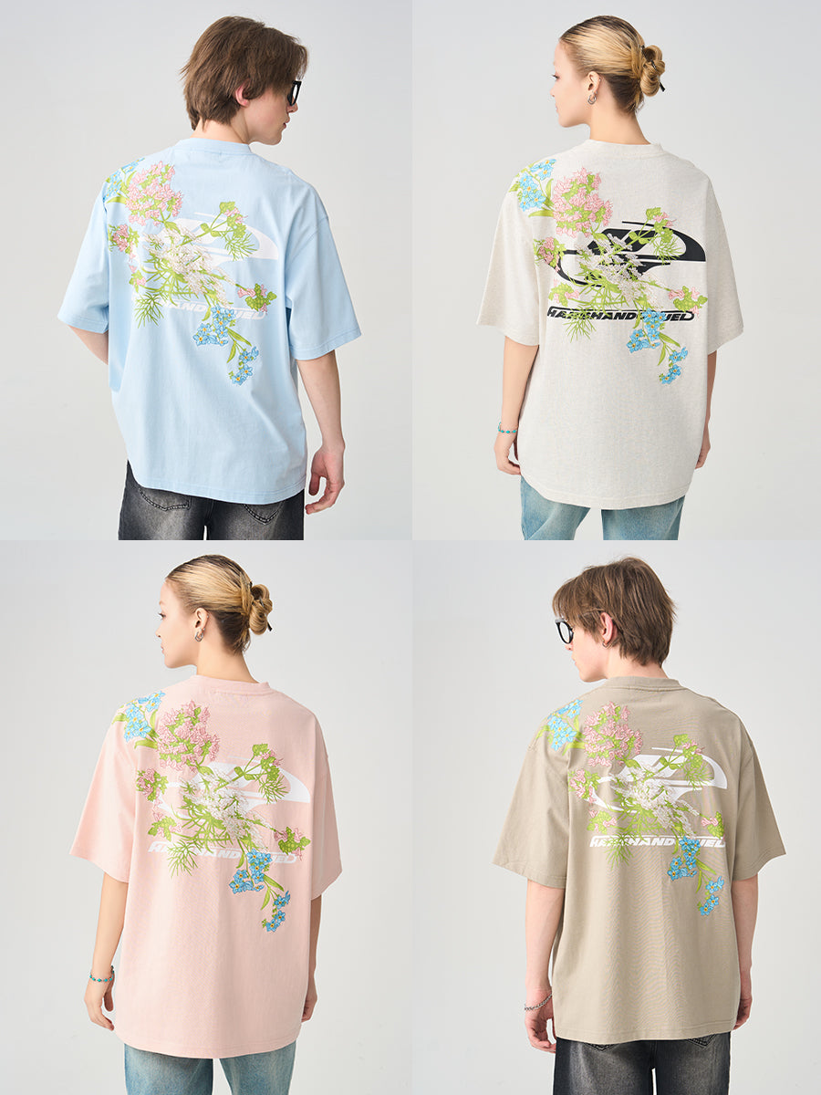 【送関込・国内発送】HARSH AND CRUEL★ 花柄 ロゴ Tシャツ HARSH AND CRUEL Tシャツ 半袖 花柄 ロゴプリント 人気 男女兼用