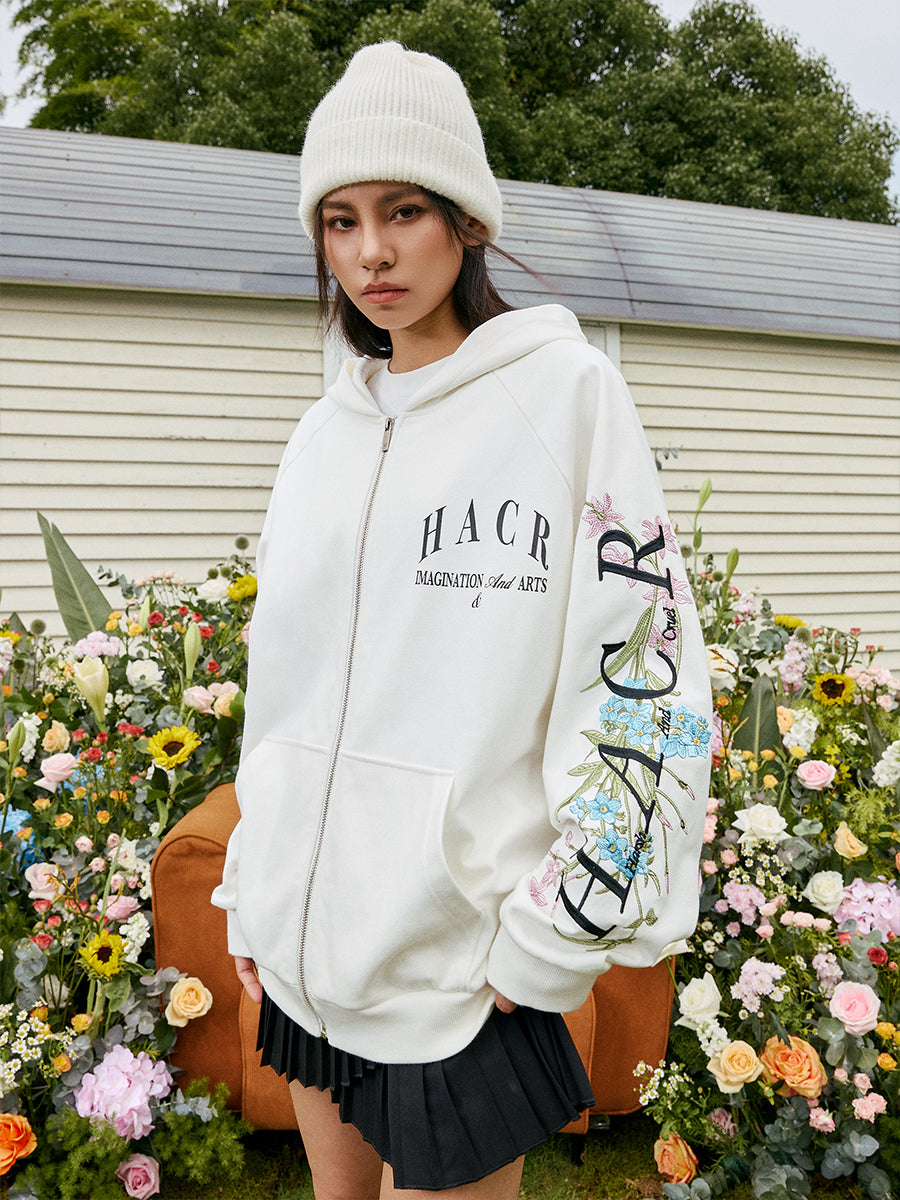Floral Logo Sleeve Embroidered Zip Up Hoodie – Harsh and Cruel