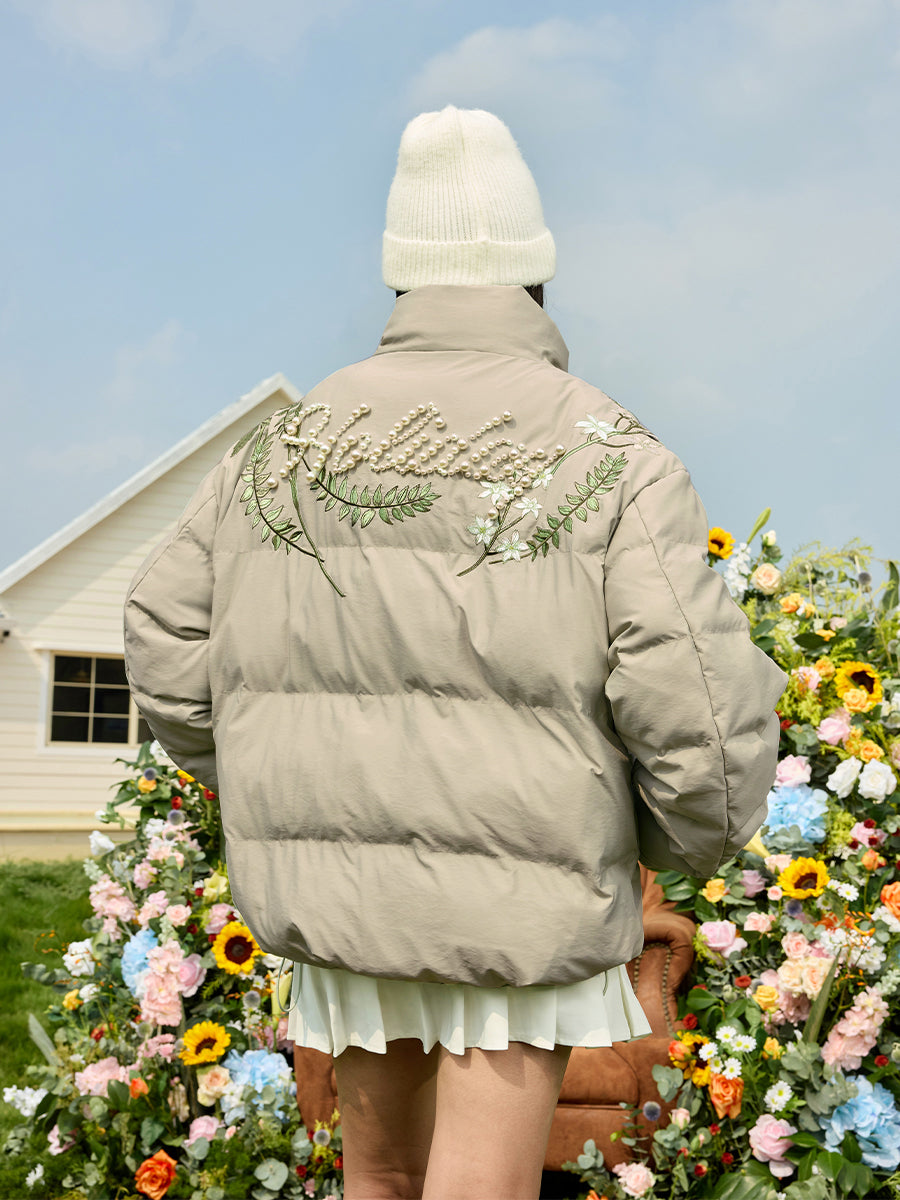 Floral Pearl Embroidery Down Jacket