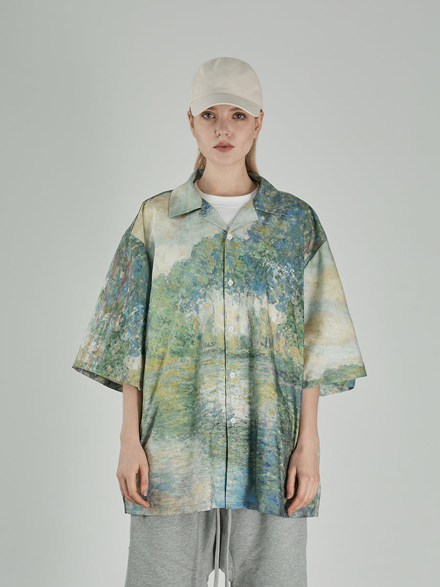 Monet Lake Oil Painting Cuban Shirt