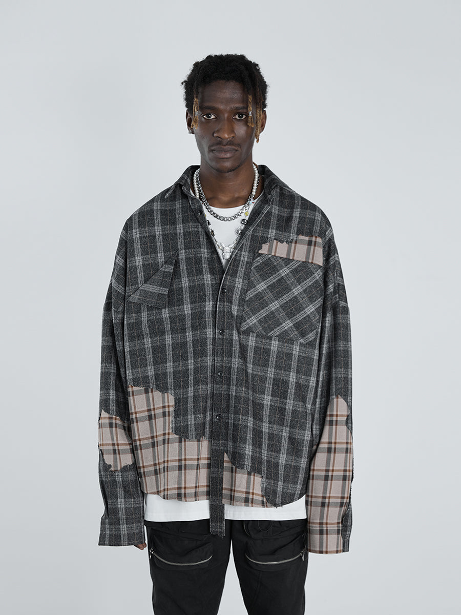 Destructive Plaid Stitched L/S Shirt