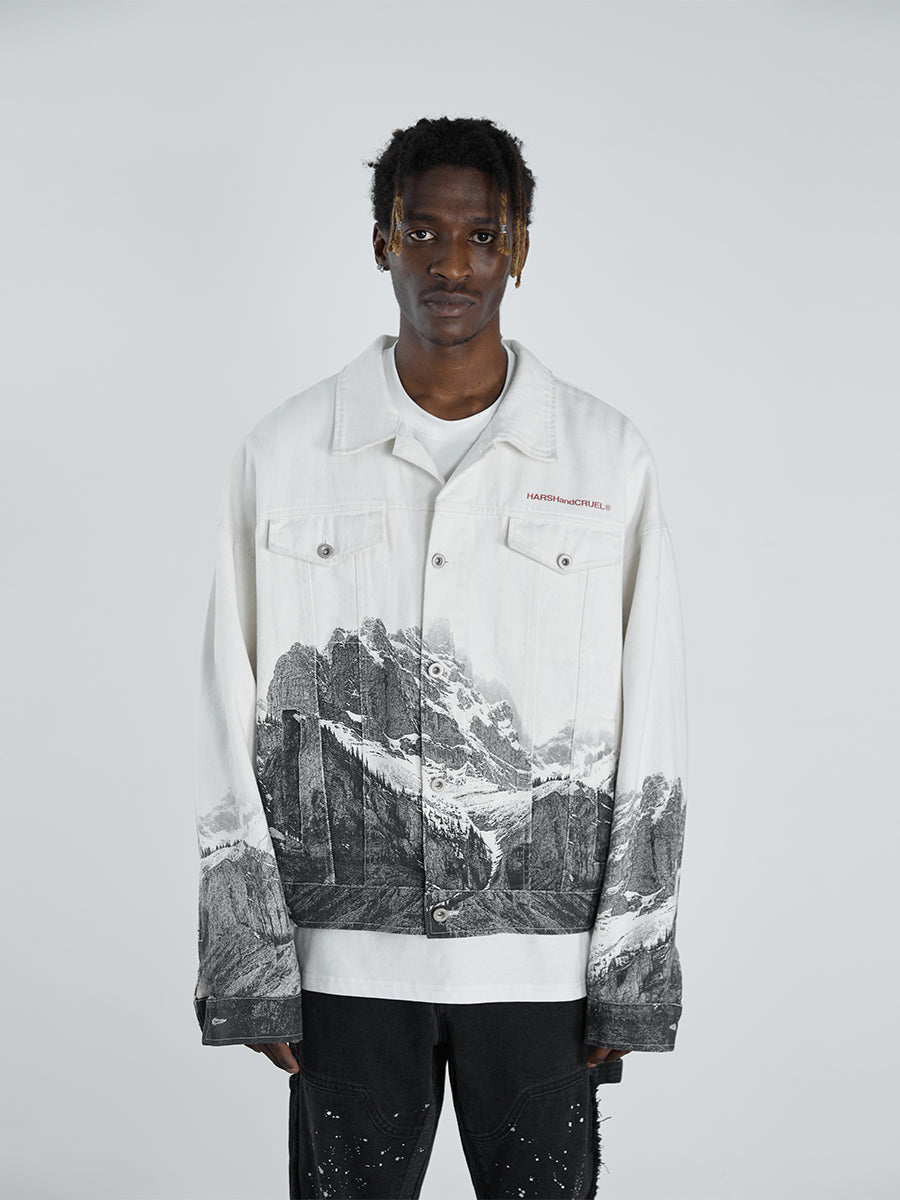 Snow Mountain Print Denim Jacket