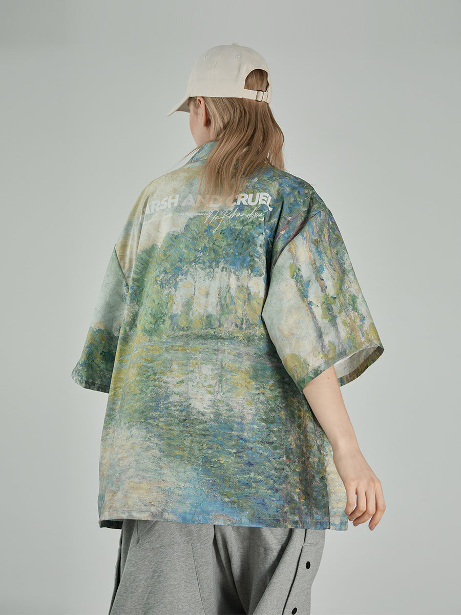 Monet Lake Oil Painting Cuban Shirt