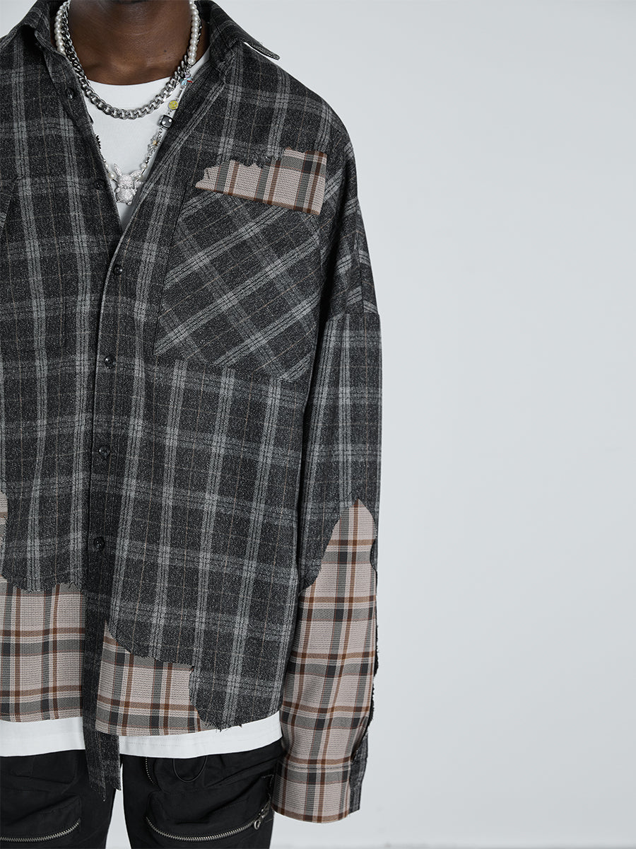 Destructive Plaid Stitched L/S Shirt