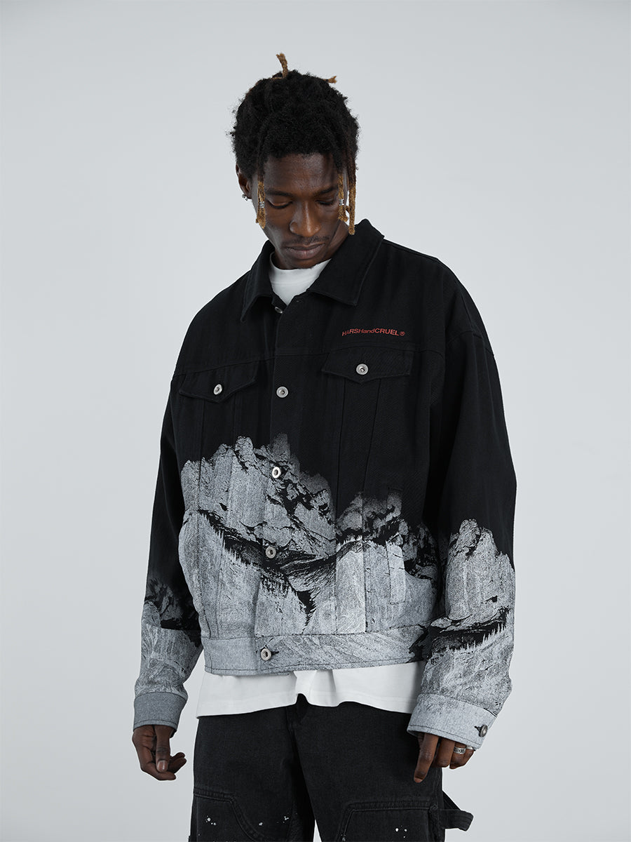 Snow Mountain Print Denim Jacket