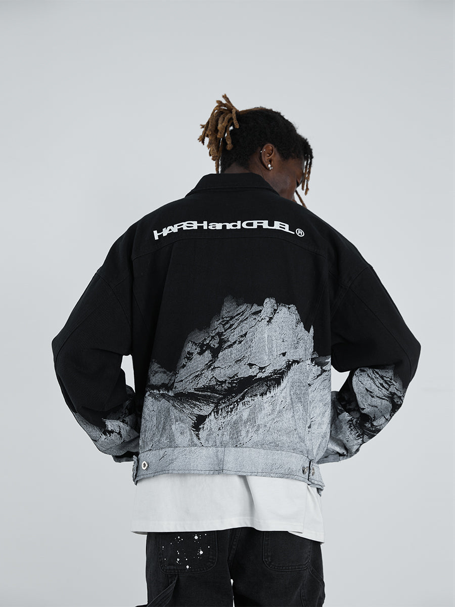 Snow Mountain Print Denim Jacket