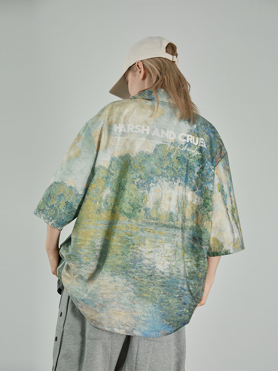 Monet Lake Oil Painting Cuban Shirt