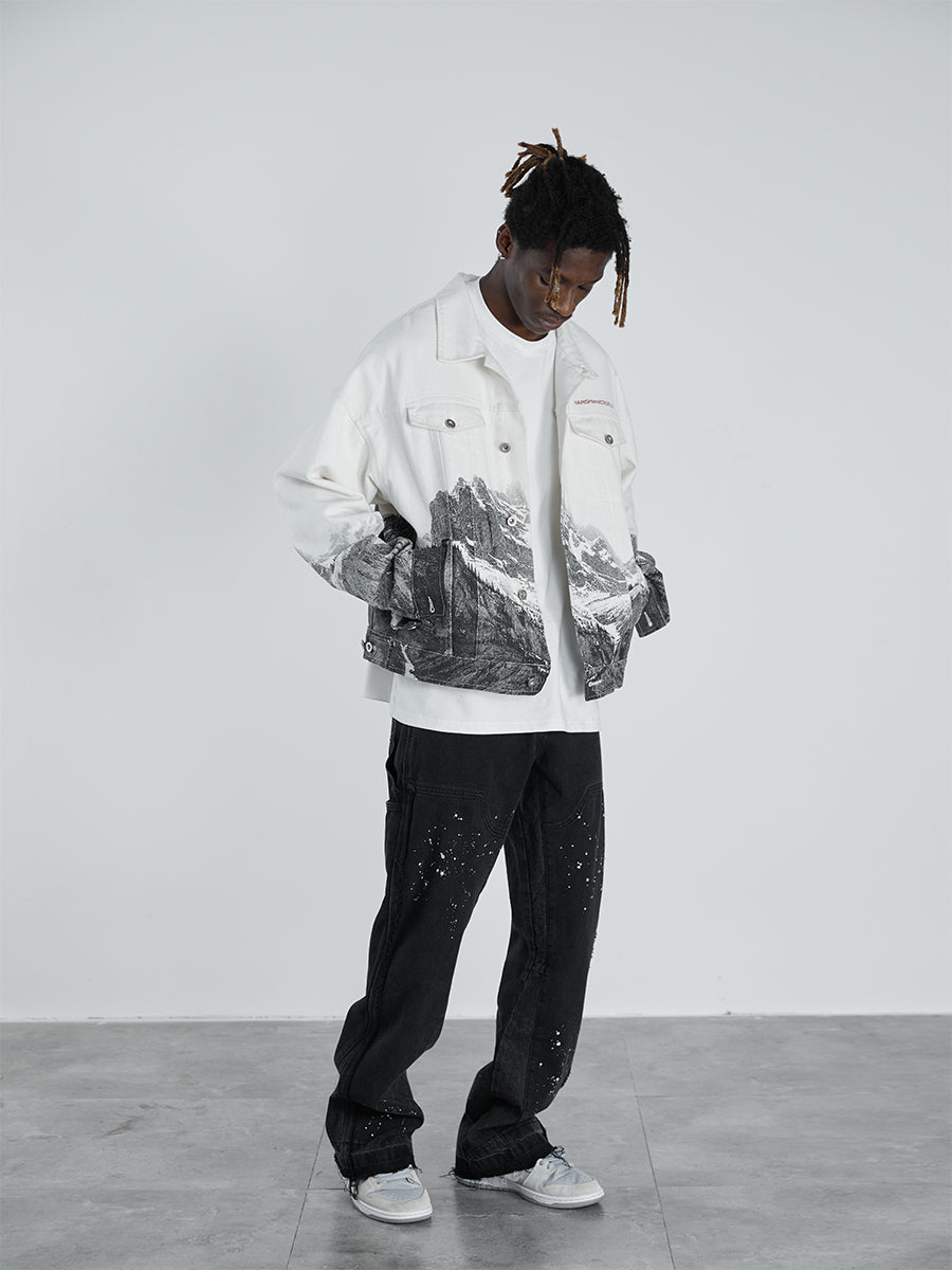 Snow Mountain Print Denim Jacket