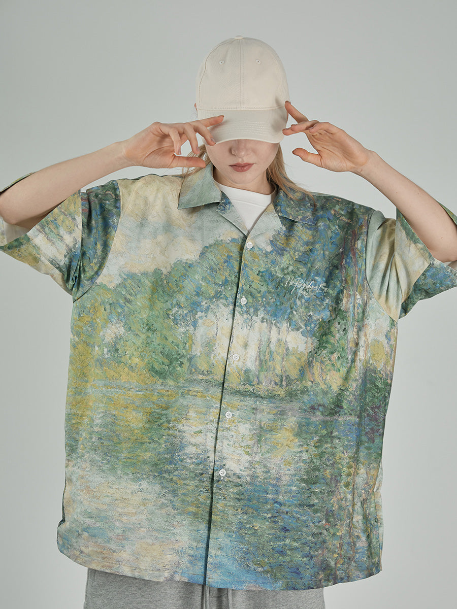 Monet Lake Oil Painting Cuban Shirt