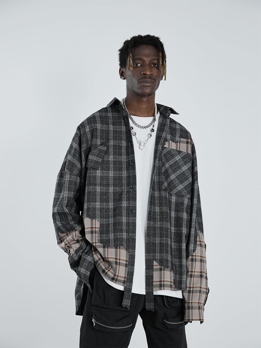 Destructive Plaid Stitched L/S Shirt