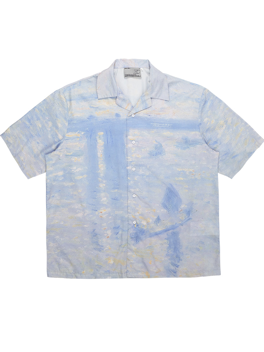 Monet Oil Painting Charing Cross Bridge Cuban Shirt
