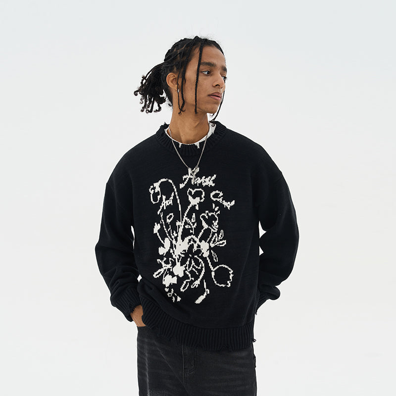 Hand Drawn Flowers Knit Sweater